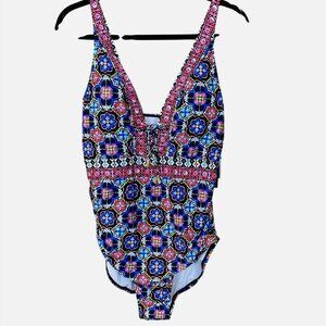 La Blanca Casa Azul Colorful Tiles 1-pc Swimsuit Tie Front w/accents Sz 16 NWT
